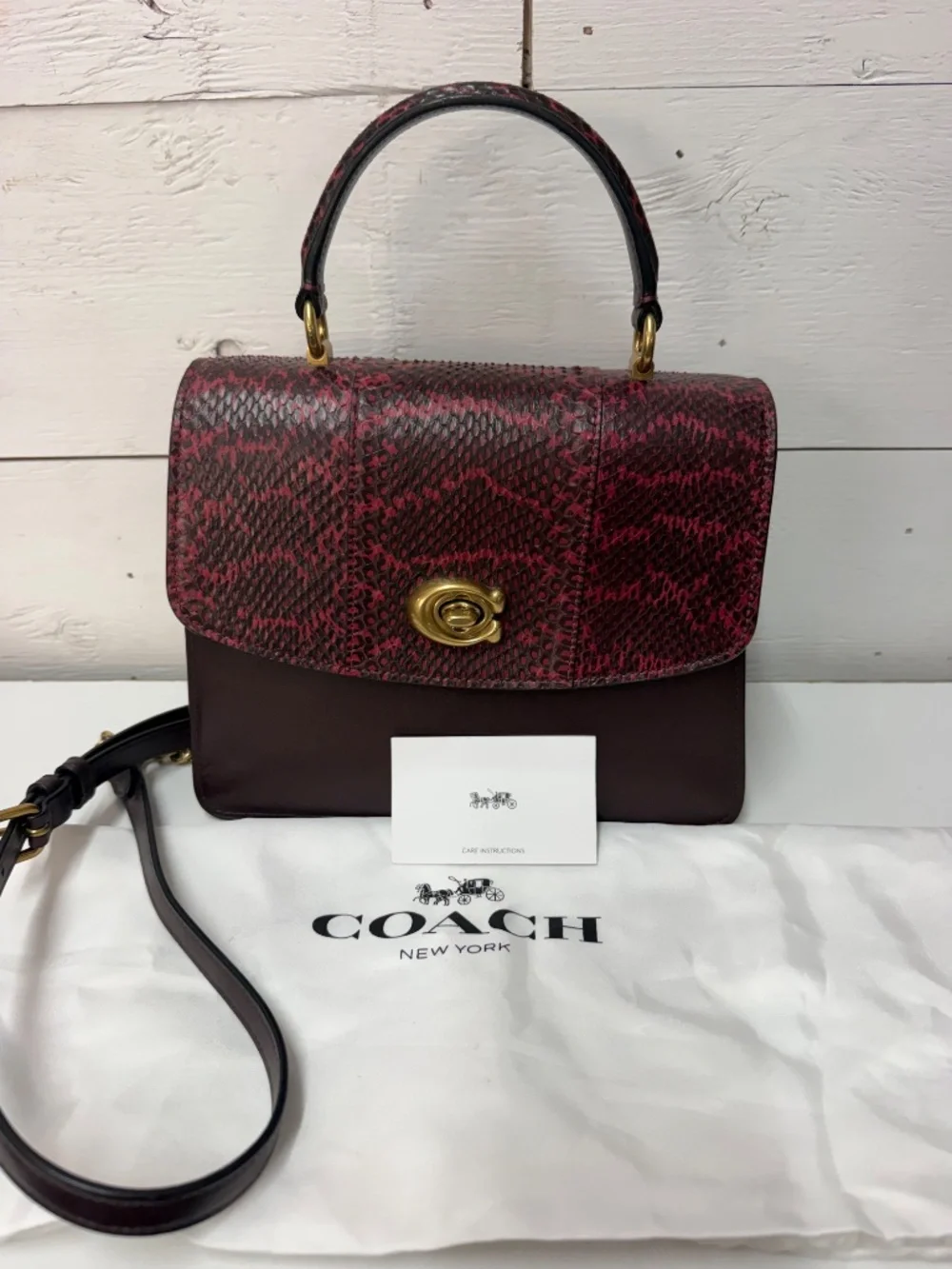 NWT COACH Parker Top Handle In Blocked Snakeskin - Brass/Deep Red